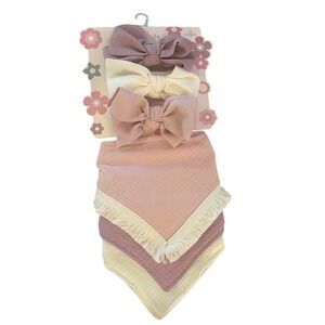 Ava Olivia Baby (3)Girl Headband Bows (3)Bibs Set‎ Pink Cream Textured Fabric